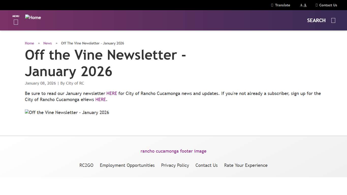 Off the Vine Newsletter - January 2026 City of Rancho Cucamonga